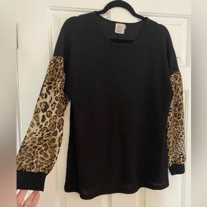 Black Top with Leopard Print Sleeves